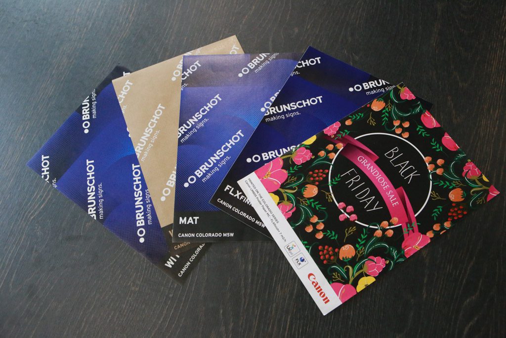 Brunschot Signmakers heeft een eigen samplebox gemaakt met voorbeelden afkomstig van de Canon Colorado M5W.